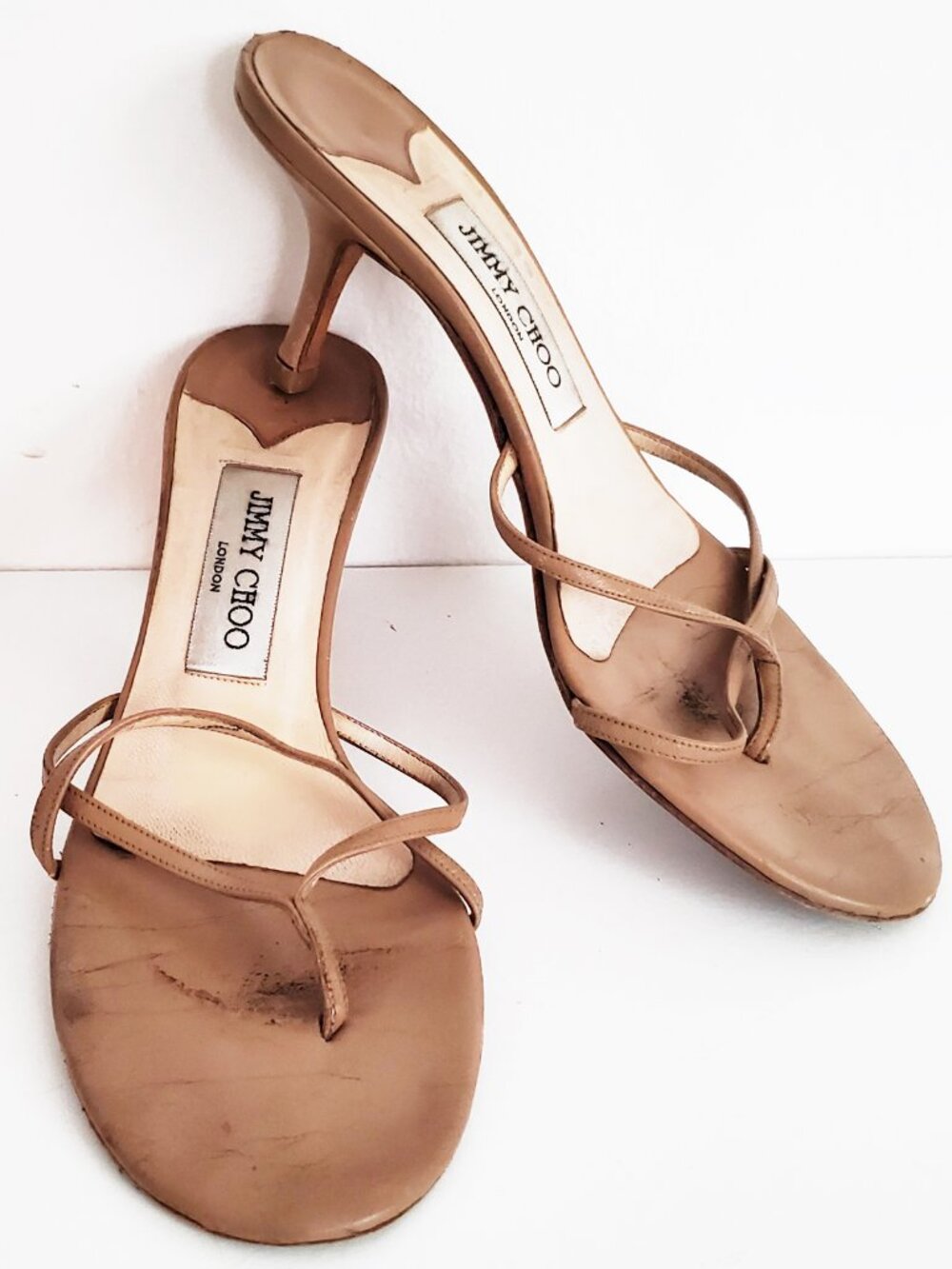 Jimmy Choo Nude Tan Leather Strappy Kitten Heel Shoe Size 38.5